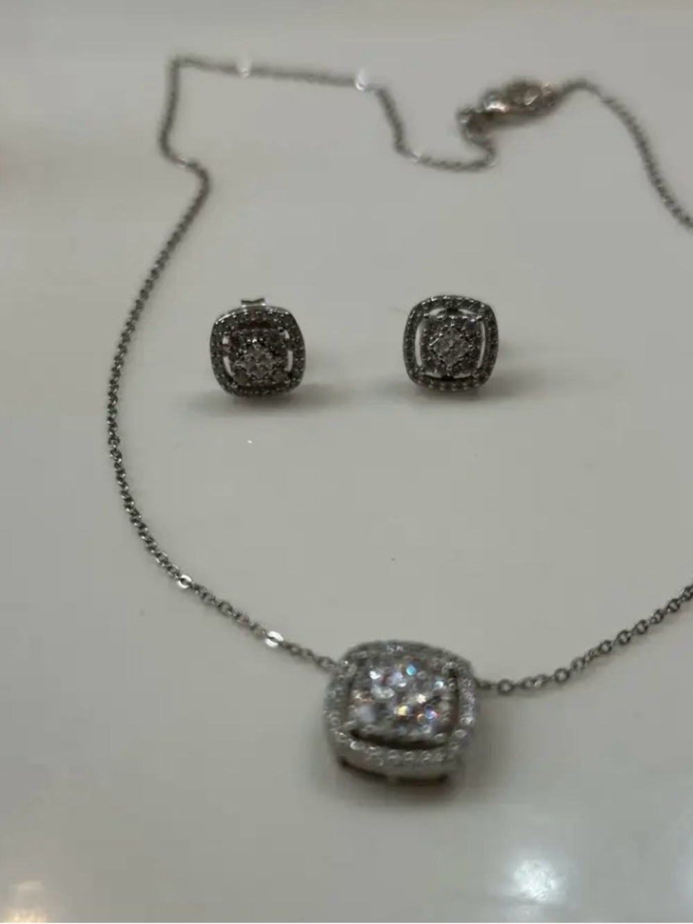 Cubic Zirconia Halo Pendant Necklace with Matching Stud Earrings - Silver
